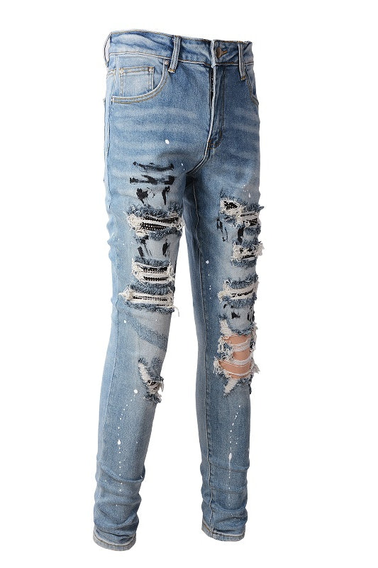 High Street Trendy Brand Worn Out Wash Paint Splashing Perforated Jeans - Premium Jeans from My Store - Just €108.32! Shop now at KIYOO Royal Brand