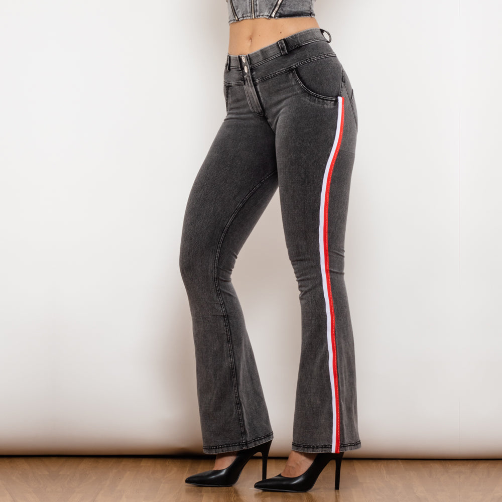 Shascullfites Melody Side Striped Middle Waist Grey Jeans Butt Lift Leggings Woman Sexy Push Up Jeans Denim Flare Pants - Premium Dames Jeans from My Store - Just €69.07! Shop now at KIYOO Royal Brand