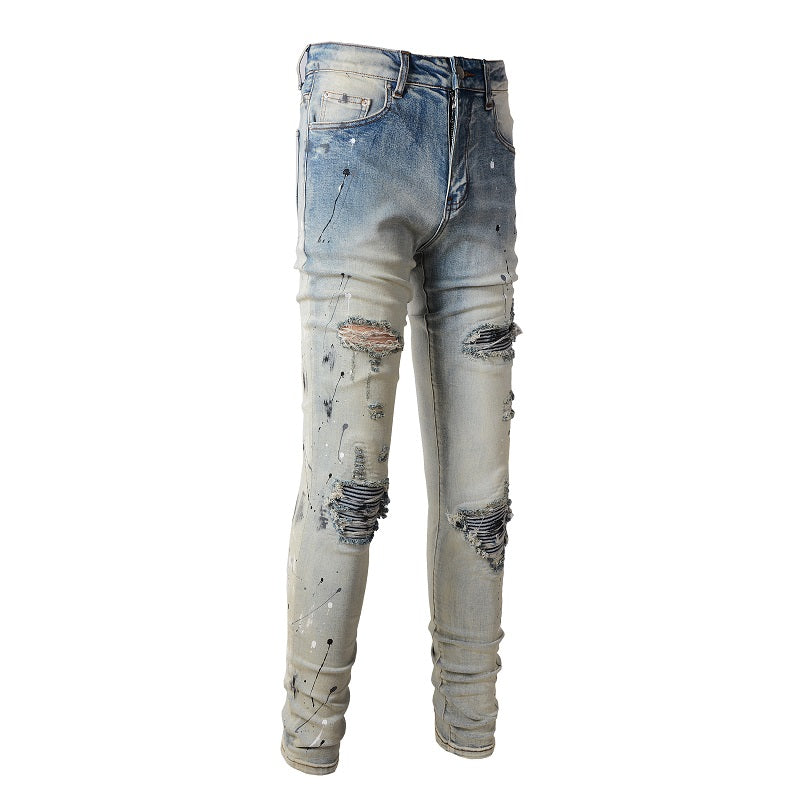 Light Colored Paint Splashing Ink Making Old Washed Jeans For Men - Premium Jeans from My Store - Just €106.88! Shop now at KIYOO Royal Brand