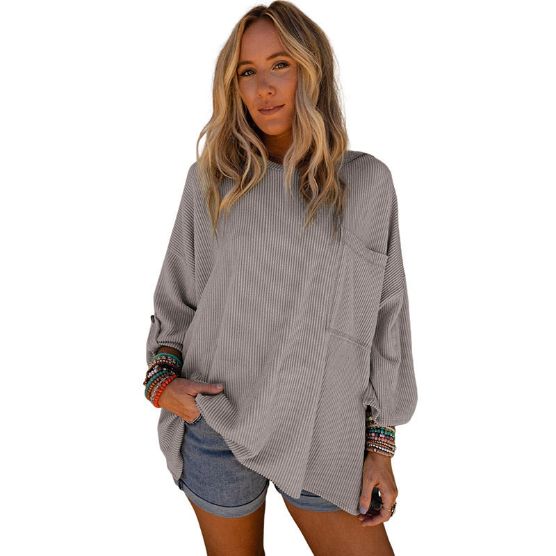 Solid Color Sweater Loose Casual Pocket Curling Threaded Long Sleeve Top - Premium Truien & Vesten from My Store - Just €41.42! Shop now at KIYOO Royal Brand