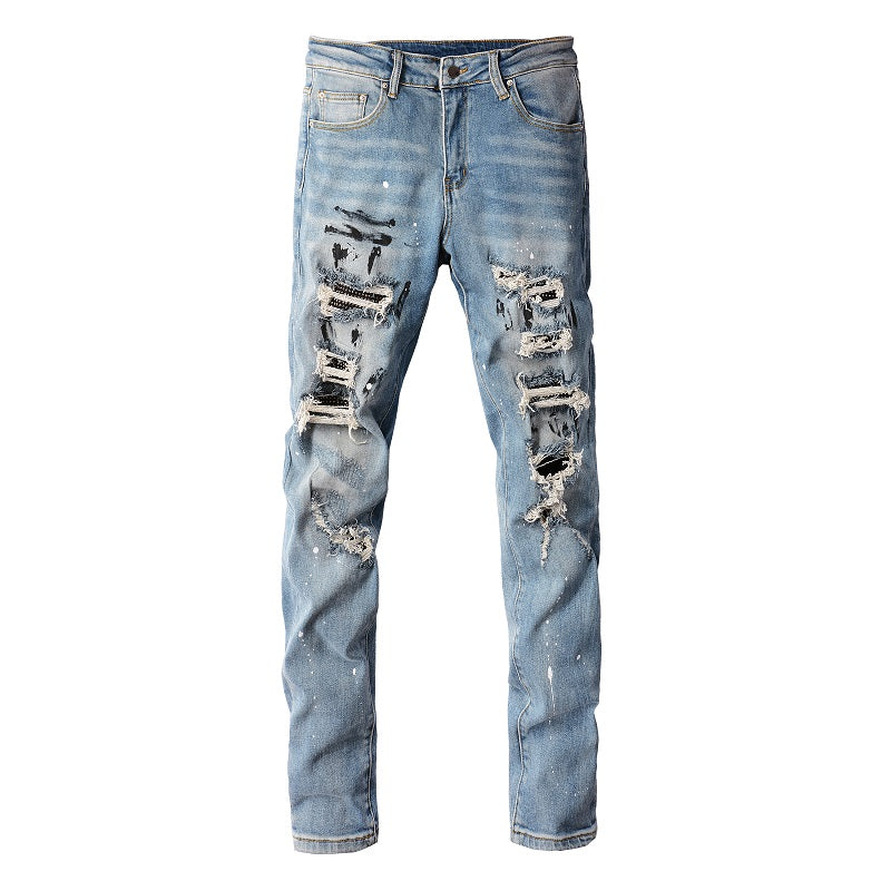 High Street Trendy Brand Worn Out Wash Paint Splashing Perforated Jeans - Premium Jeans from My Store - Just €108.32! Shop now at KIYOO Royal Brand