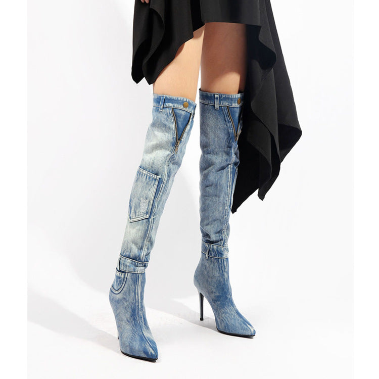 New Denim Over The Knee Elegant Slim Heel High Heel Riding Boots - Premium Dames laarzen from My Store - Just €194.63! Shop now at KIYOO Royal Brand