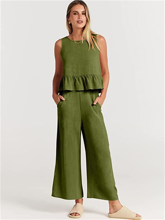 Pleated Vest And Wide-leg Cropped Pants