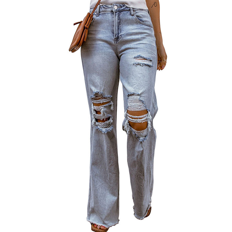 Ripped Hollow-out Wide-leg Cropped Pants For Women - Premium Dames Jeans from My Store - Just €69.17! Shop now at KIYOO Royal Brand