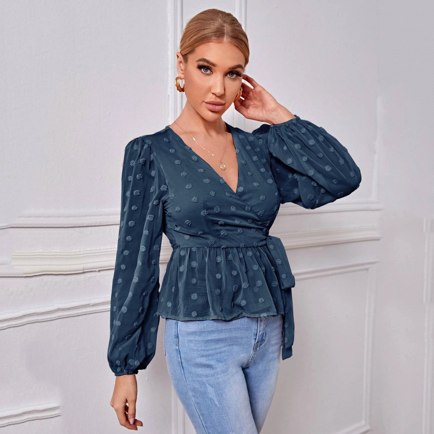 V-neck Slim-fit Light Mature Blouse Women - Premium Blouses from My Store - Just €55.42! Shop now at KIYOO Royal Brand