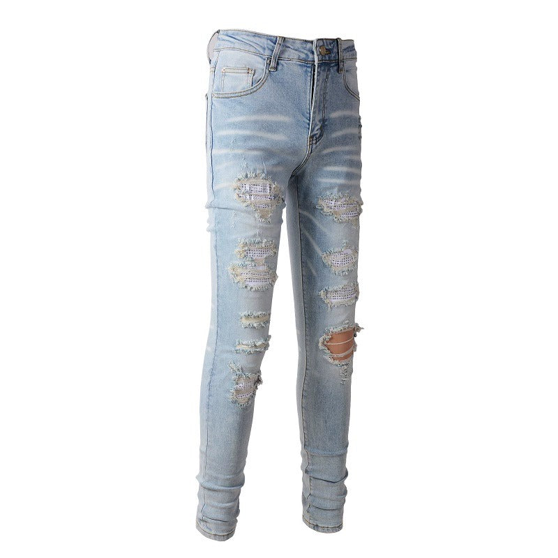 Light Colored Hot Diamond Patch With Holes In Elastic Tight Jeans For Men - Premium Jeans from My Store - Just €110.37! Shop now at KIYOO Royal Brand