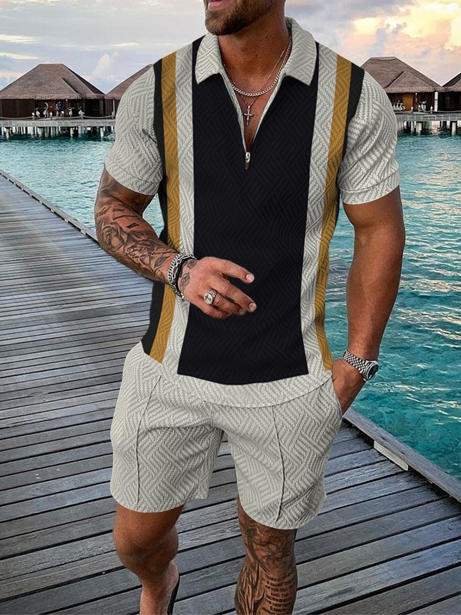 Contrast POLO Zip Lapel Shirt Short Sleeve Suit