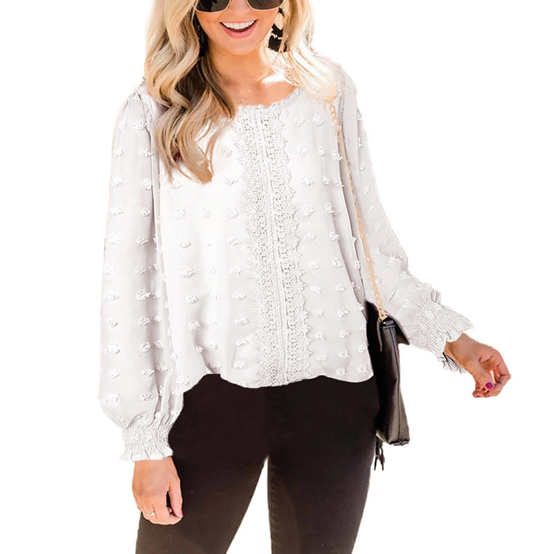 Chiffon Jacquard Lantern Long-sleeved Round Neck Blouse Women - Premium Blouses from My Store - Just €55.92! Shop now at KIYOO Royal Brand