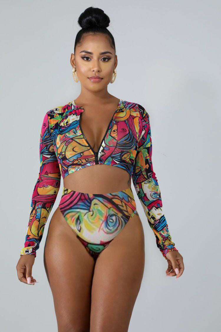 New Graffiti Print Zipper Deep V Long Sleeve Sun Protection Bikini Swimsuit - Premium Badmode Dames from My Store - Just €31.52! Shop now at KIYOO Royal Brand