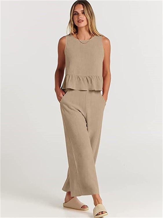 Pleated Vest And Wide-leg Cropped Pants