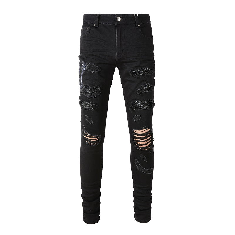 Broken Jeans With Elastic Embroidery Snake - Premium Jeans from My Store - Just €67.93! Shop now at KIYOO Royal Brand