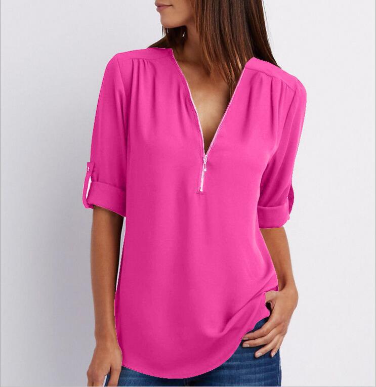 Zip V-Neck Short Sleeve Tops