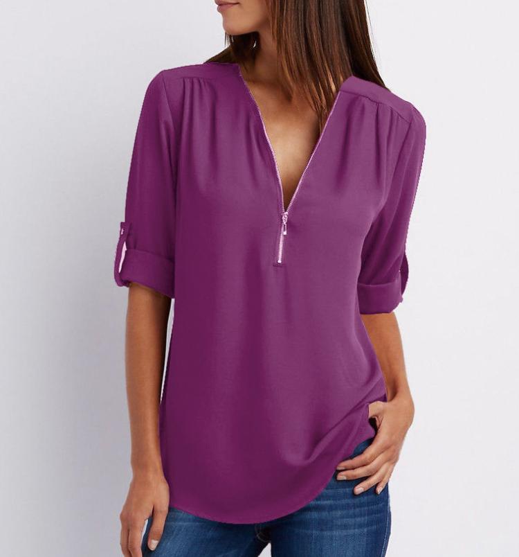 Zip V-Neck Short Sleeve Tops