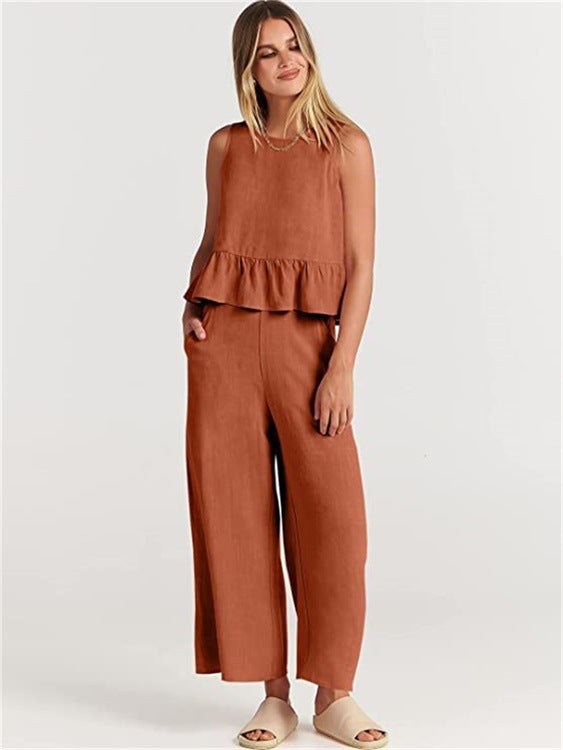 Pleated Vest And Wide-leg Cropped Pants