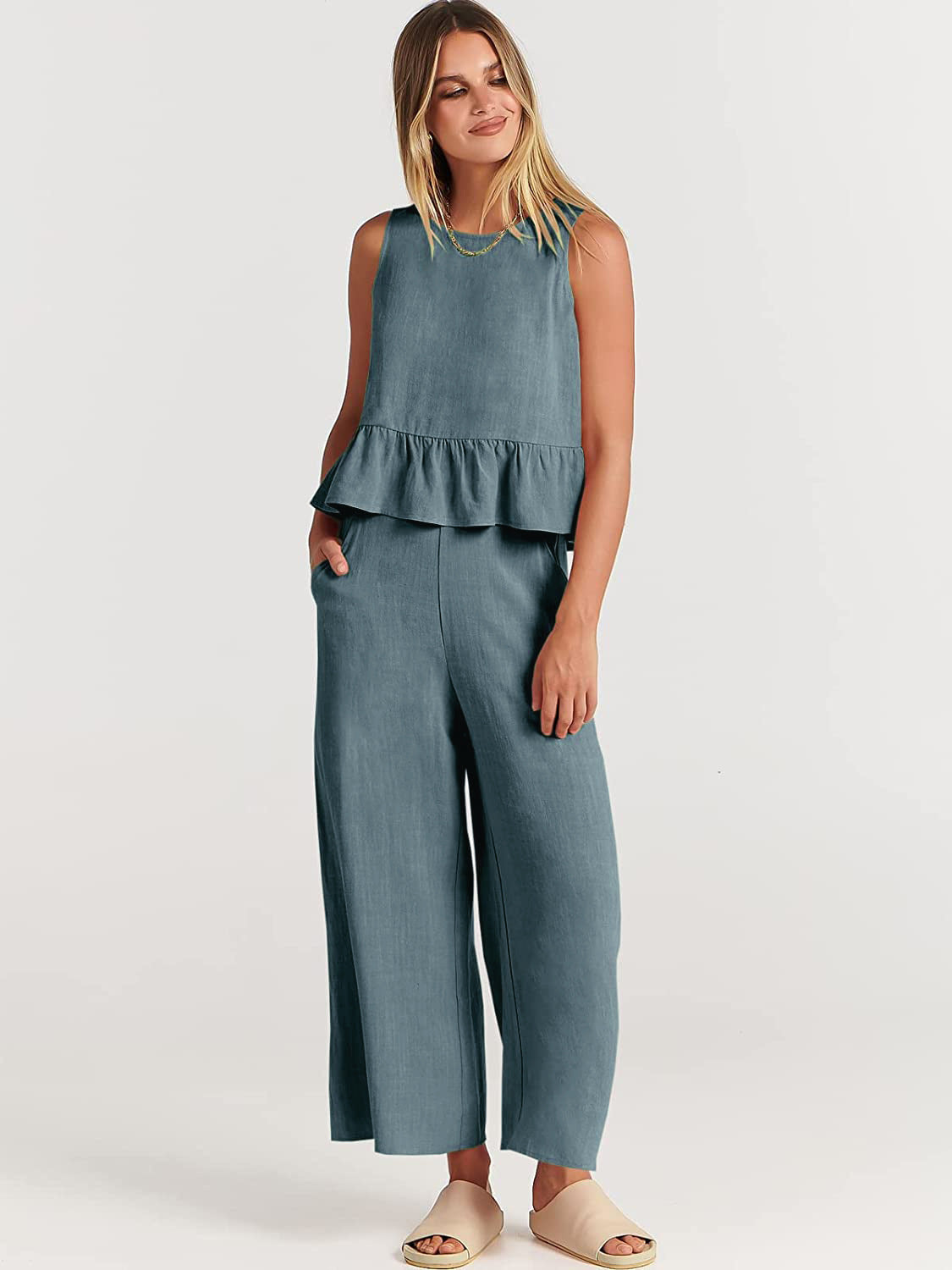 Pleated Vest And Wide-leg Cropped Pants