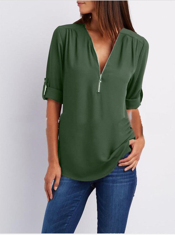 Zip V-Neck Short Sleeve Tops