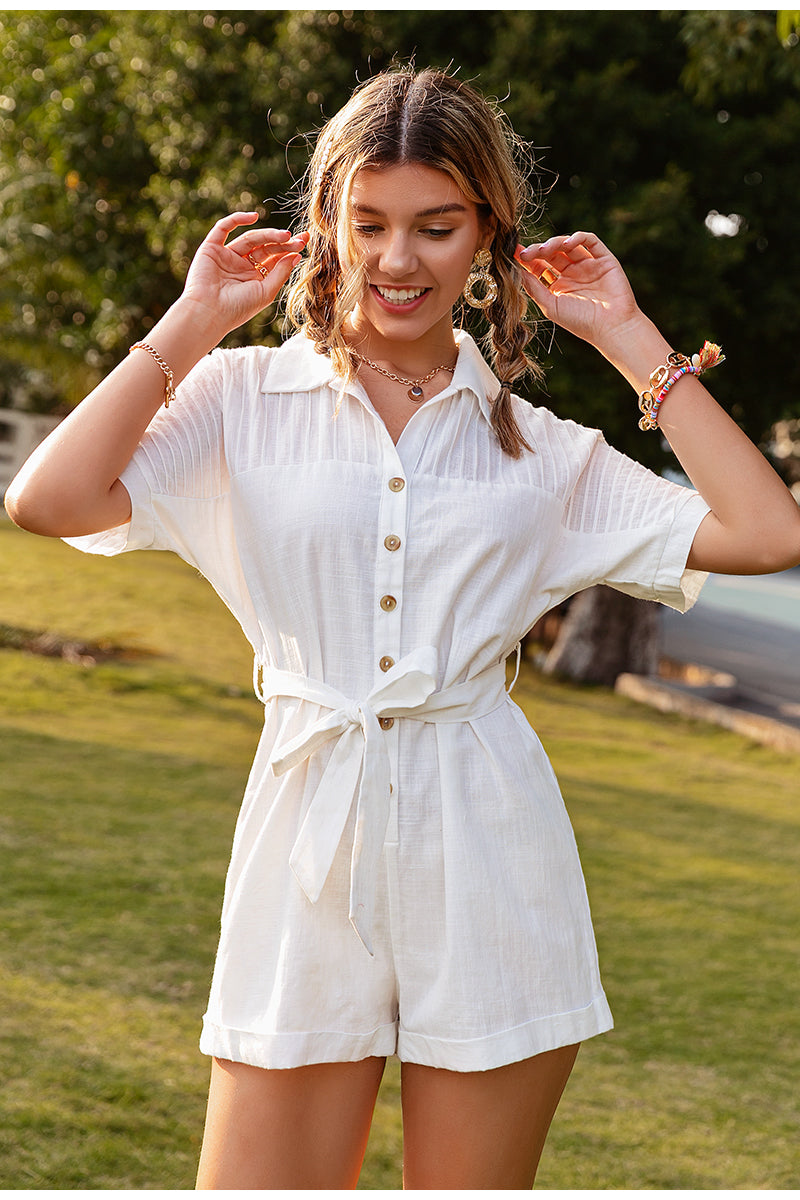 Pure Color Short-sleeved Lapel Tie Jumpsuit Casual Jumpsuit Women - Premium jumpsuit from My Store - Just €55.33! Shop now at KIYOO Royal Brand