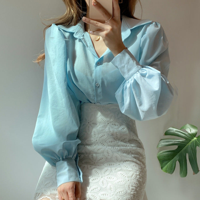 Lapel Single-Breasted Blouse With Lantern Sleeves Women - Premium Blouses from My Store - Just €62.81! Shop now at KIYOO Royal Brand