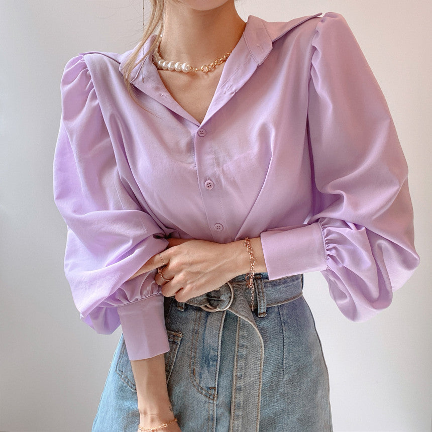 Lapel Single-Breasted Blouse With Lantern Sleeves Women - Premium Blouses from My Store - Just €62.81! Shop now at KIYOO Royal Brand