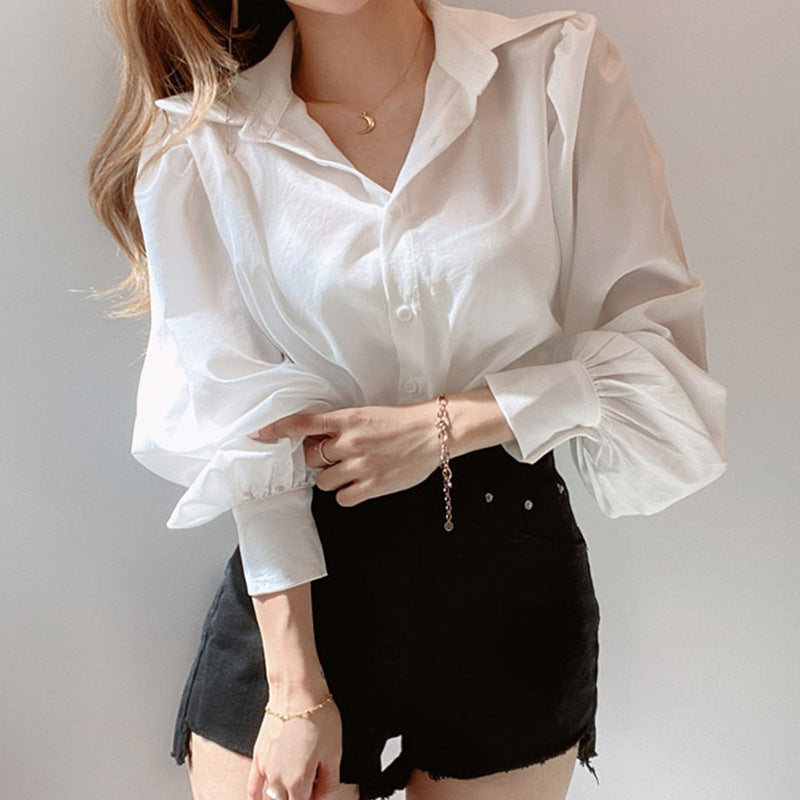 Lapel Single-Breasted Blouse With Lantern Sleeves Women - Premium Blouses from My Store - Just €62.81! Shop now at KIYOO Royal Brand