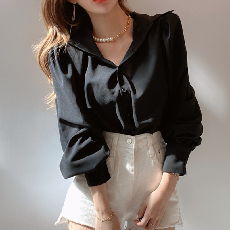 Lapel Single-Breasted Blouse With Lantern Sleeves Women - Premium Blouses from My Store - Just €62.81! Shop now at KIYOO Royal Brand