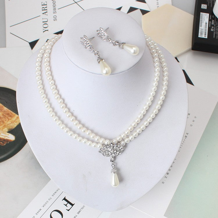 European And American Jewelry Bride Pearl Crystal With Short Collarbone Neck Necklace Set Earrings Korean Version Temperament - Premium dames sieraden from My Store - Just €31.64! Shop now at KIYOO Royal Brand