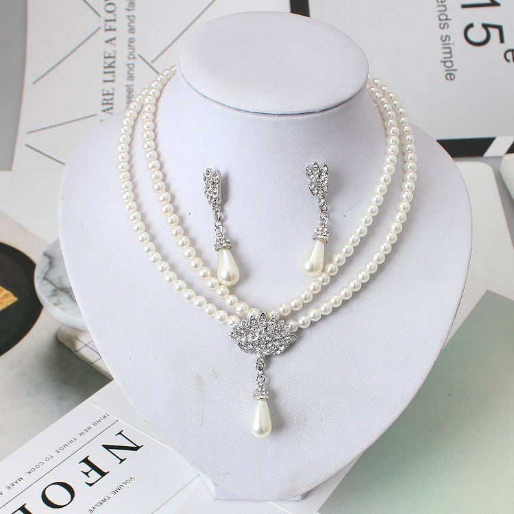 European And American Jewelry Bride Pearl Crystal With Short Collarbone Neck Necklace Set Earrings Korean Version Temperament - Premium dames sieraden from My Store - Just €31.64! Shop now at KIYOO Royal Brand