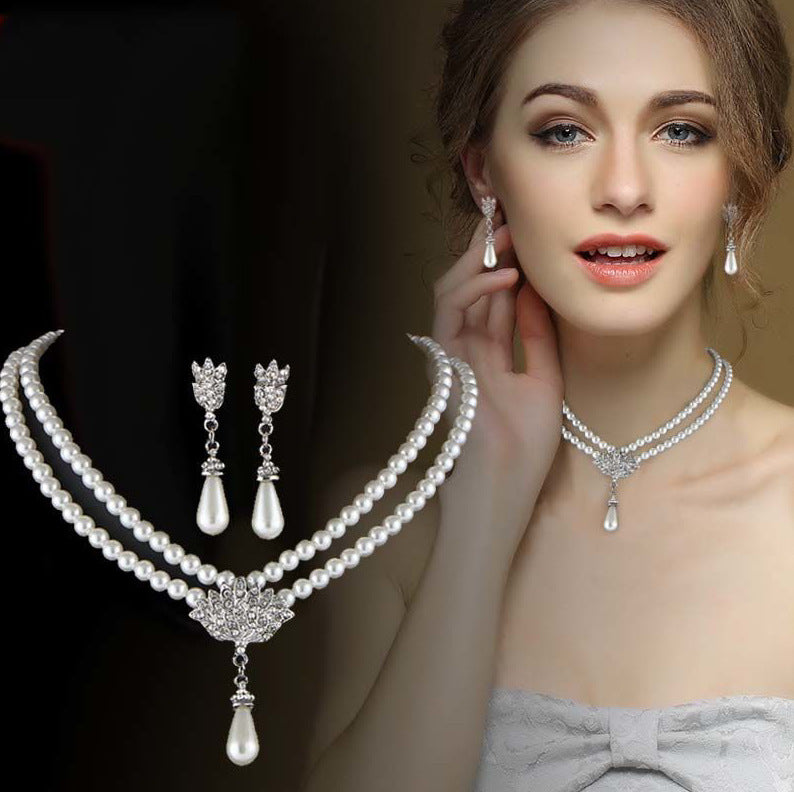 European And American Jewelry Bride Pearl Crystal With Short Collarbone Neck Necklace Set Earrings Korean Version Temperament - Premium dames sieraden from My Store - Just €31.64! Shop now at KIYOO Royal Brand