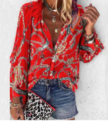 Printed Long Sleeve V-neck Button Ladies Blouse Women - Premium Hoeden & Petten from My Store - Just €41.71! Shop now at KIYOO Royal Brand