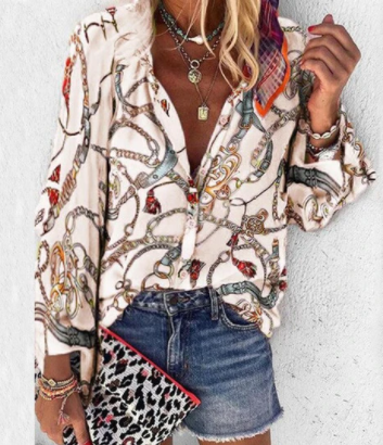 Printed Long Sleeve V-neck Button Ladies Blouse Women - Premium Hoeden & Petten from My Store - Just €41.71! Shop now at KIYOO Royal Brand