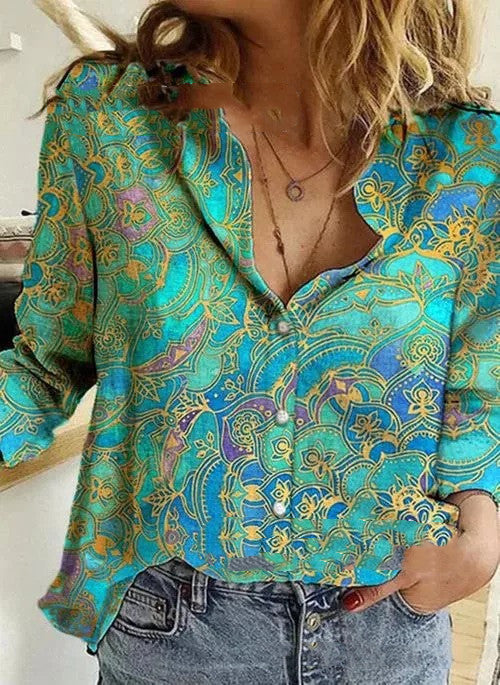 Fashion Printed Lapel Long Sleeved Shirt Blouse Women - Premium Blouses from My Store - Just €42.34! Shop now at KIYOO Royal Brand