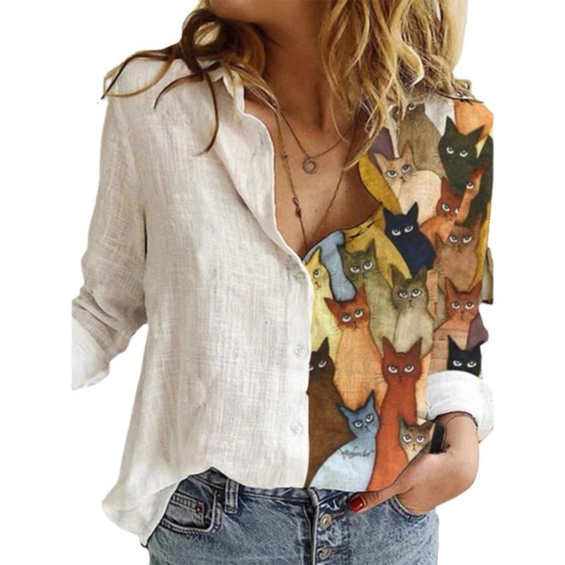 Cartoon Print Stitching Lapel Long-sleeved Button Blouse Women - Premium Blouses from My Store - Just €40.08! Shop now at KIYOO Royal Brand