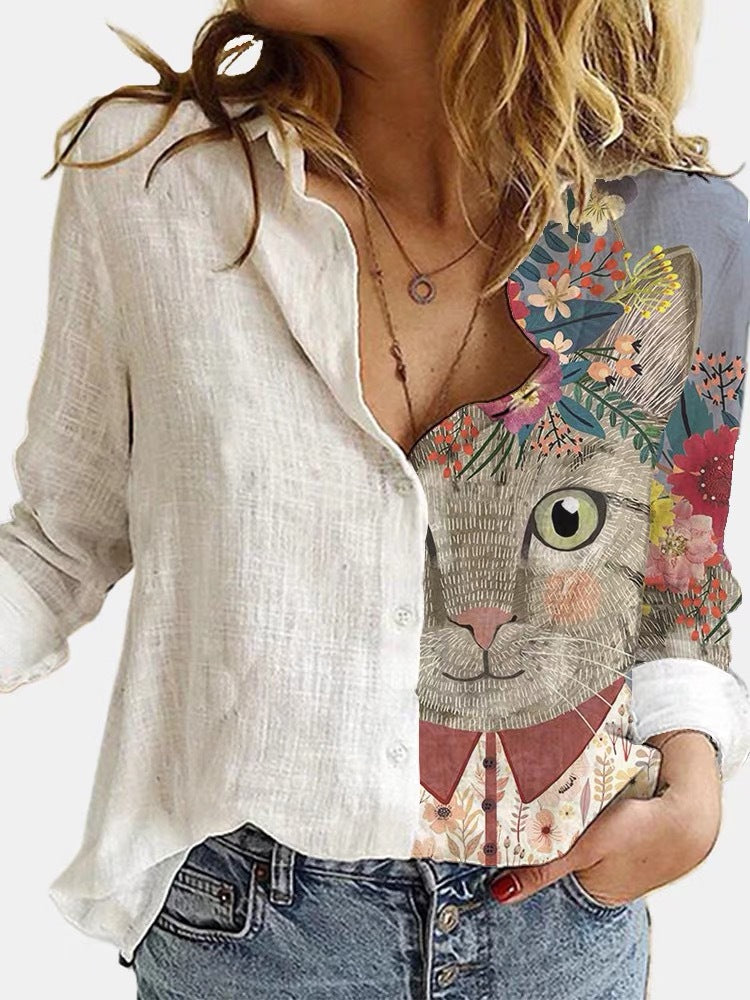 Cartoon Print Stitching Lapel Long-sleeved Button Blouse Women - Premium Blouses from My Store - Just €40.08! Shop now at KIYOO Royal Brand