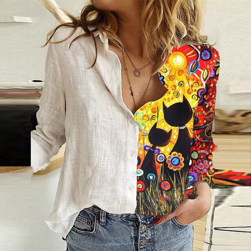 Cartoon Print Stitching Lapel Long-sleeved Button Blouse Women - Premium Blouses from My Store - Just €40.08! Shop now at KIYOO Royal Brand