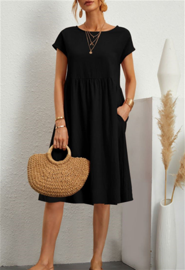 OL Temperament Women's Cotton Round Neck A-line Skirt Dress