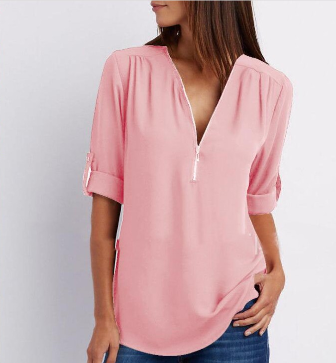 Zip V-Neck Short Sleeve Tops