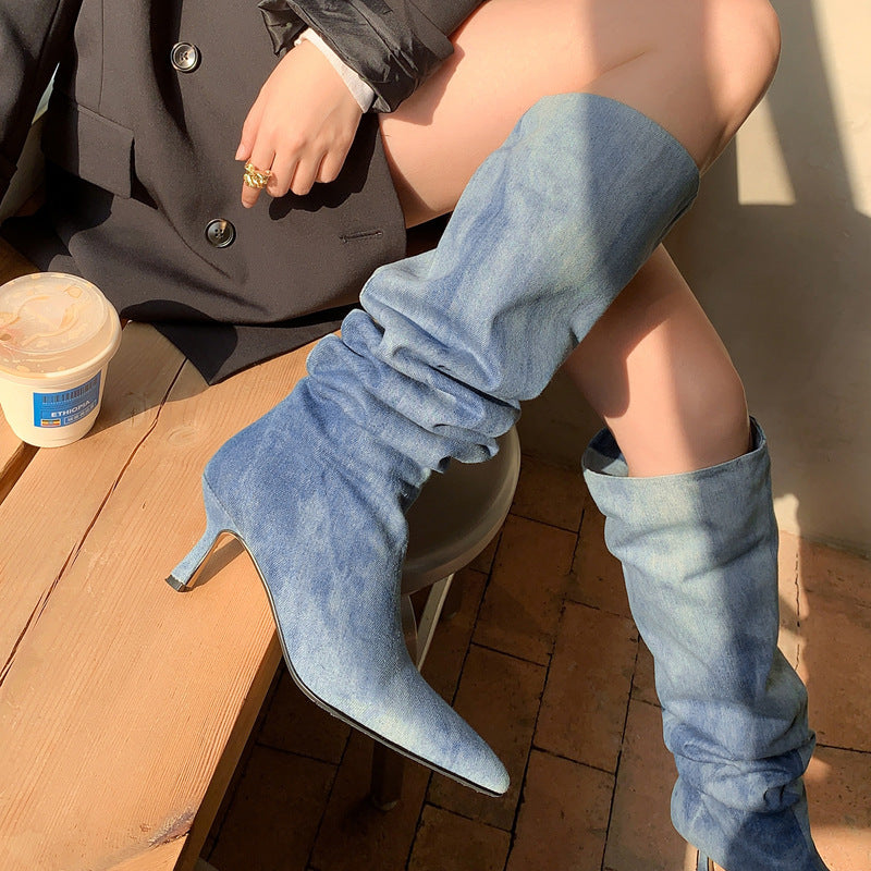 High Heel Shoes Pointed Toe Pleated Boots Big Tube Denim Blue - Premium Dames laarzen from My Store - Just €148.38! Shop now at KIYOO Royal Brand