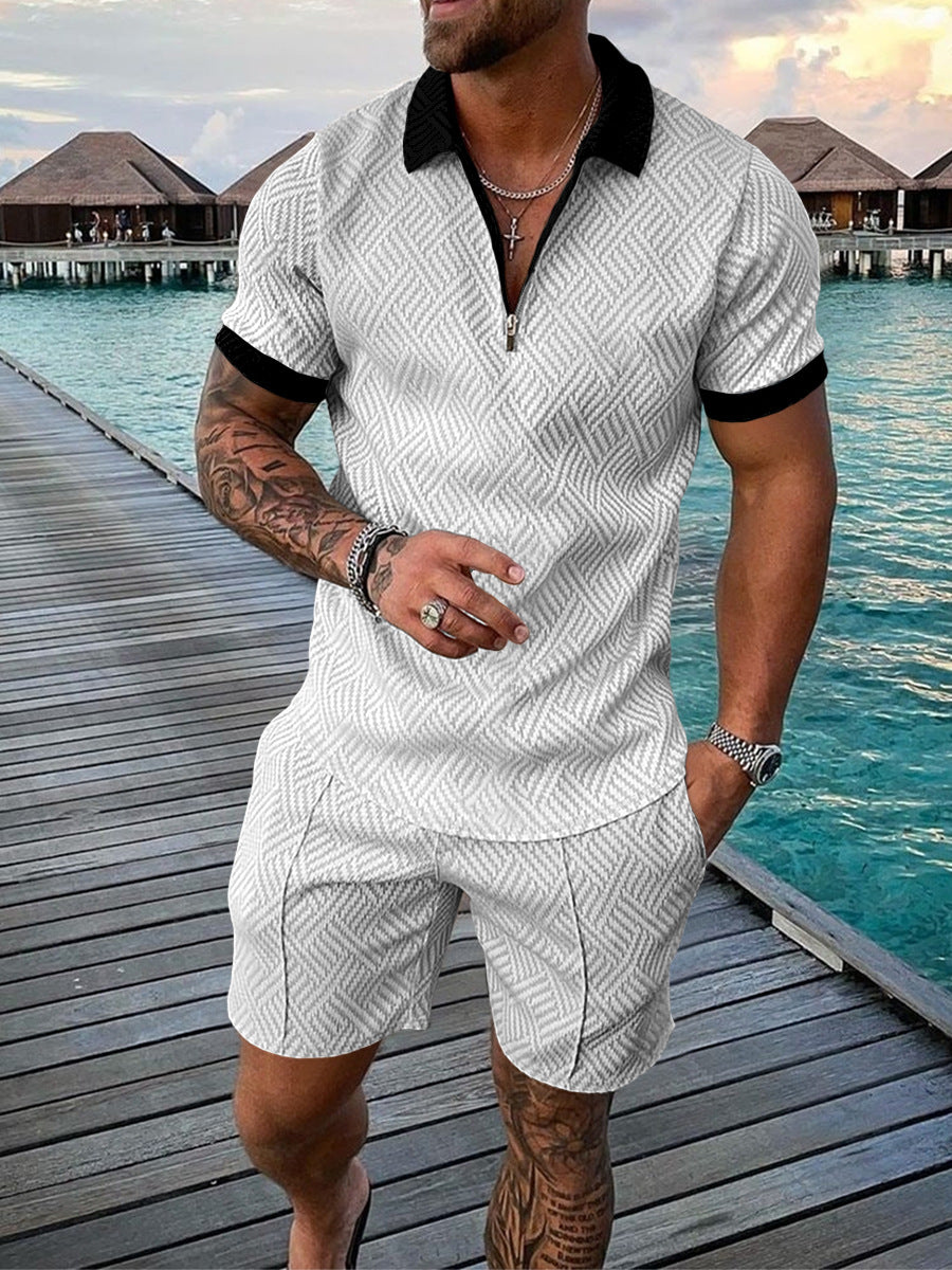 Contrast POLO Zip Lapel Shirt Short Sleeve Suit