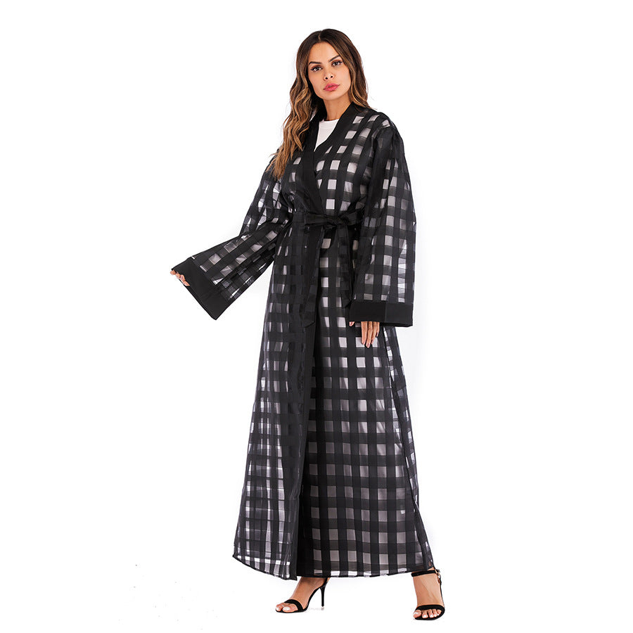 Muslim Plaid Loose Sleeved Lace Up Robe For Women - Premium Dames Jassen from My Store - Just €64.22! Shop now at KIYOO Royal Brand