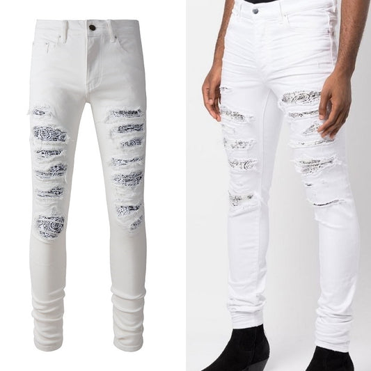 White Cashew Flower Patch Torn Jeans - Premium Jeans from My Store - Just €104.84! Shop now at KIYOO Royal Brand