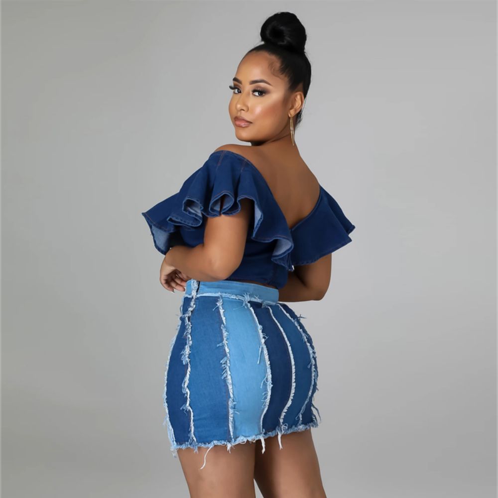 Design Sense Patchwork Washed Pleated Belt Denim Skirt - Premium Rokken from My Store - Just €32.46! Shop now at KIYOO Royal Brand