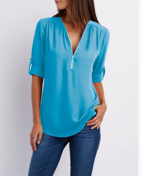 Zip V-Neck Short Sleeve Tops