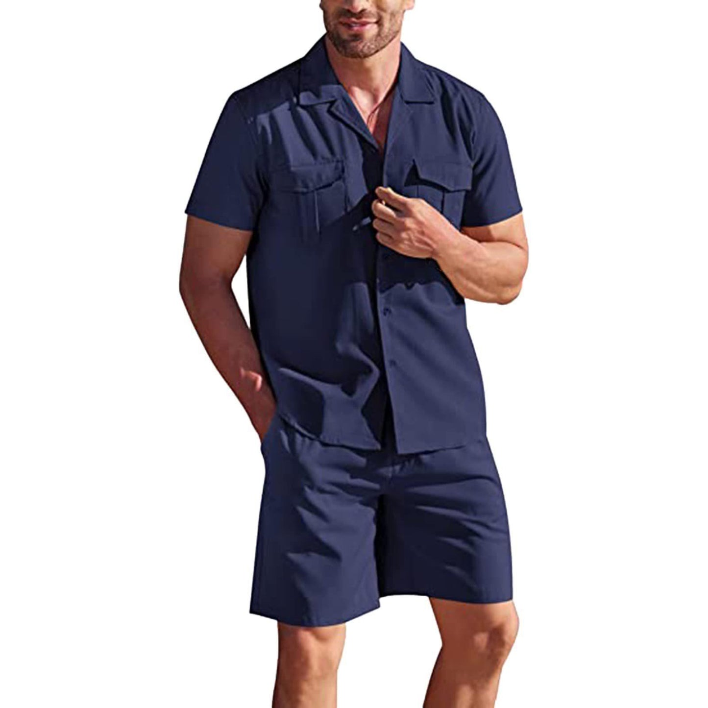 Lapel Collar Short Sleeve Shirt Set With Pockets - Premium korte broeken/shirts from My Store - Just €45.85! Shop now at KIYOO Royal Brand