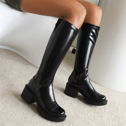 Round-toed Black Waterproof Platform Boots With Thick Heels Falling Below The Knee