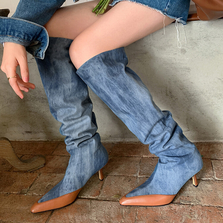 High Heel Shoes Pointed Toe Pleated Boots Big Tube Denim Blue - Premium Dames laarzen from My Store - Just €148.38! Shop now at KIYOO Royal Brand