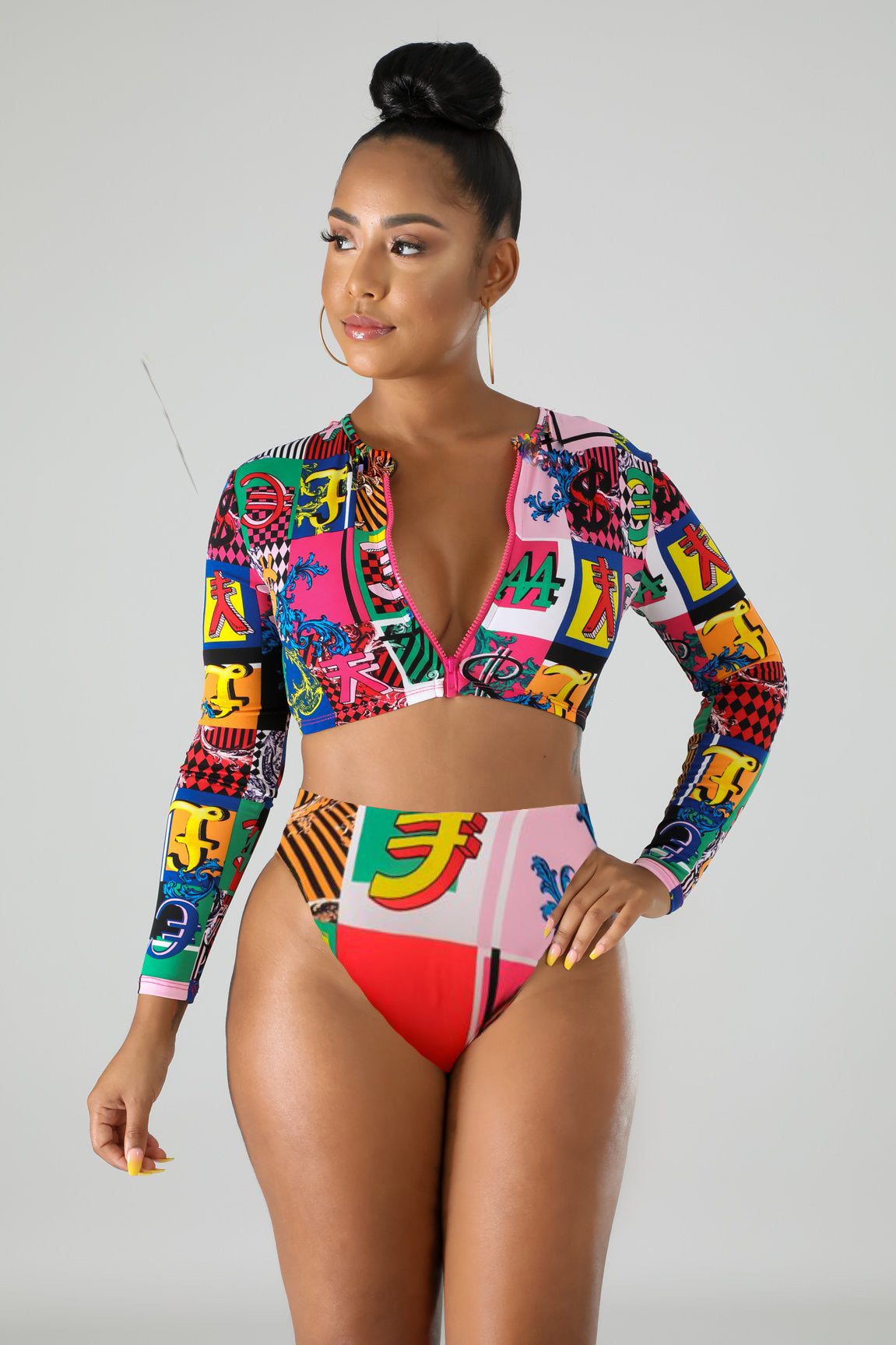 New Graffiti Print Zipper Deep V Long Sleeve Sun Protection Bikini Swimsuit - Premium Badmode Dames from My Store - Just €31.52! Shop now at KIYOO Royal Brand