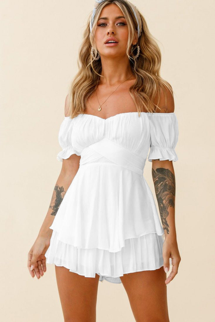 Jumpsuit Solid Color Off-neck Lantern Ruffle Sleeve