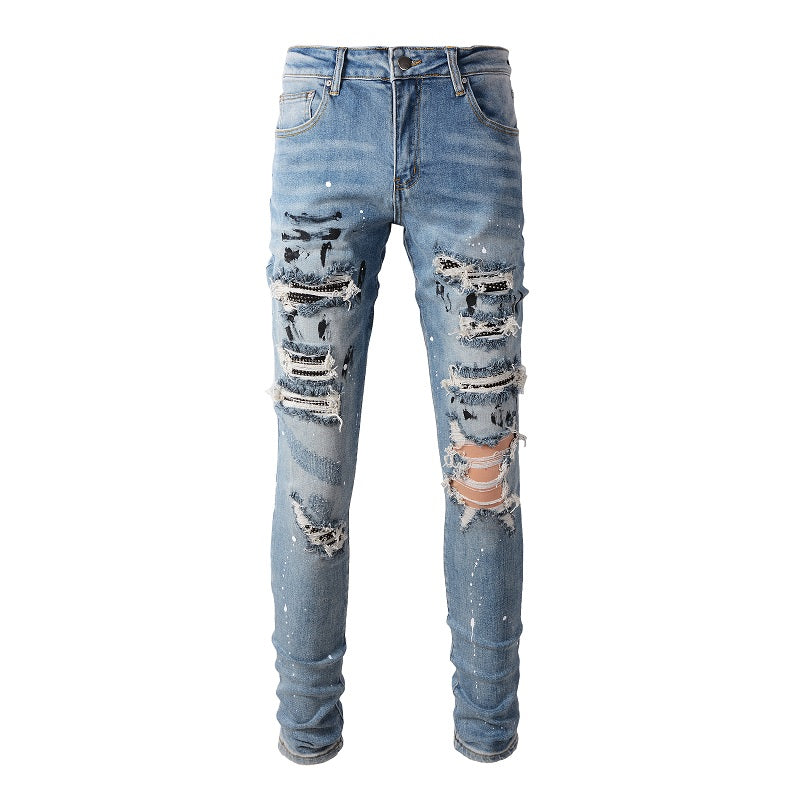 High Street Trendy Brand Worn Out Wash Paint Splashing Perforated Jeans - Premium Jeans from My Store - Just €108.32! Shop now at KIYOO Royal Brand