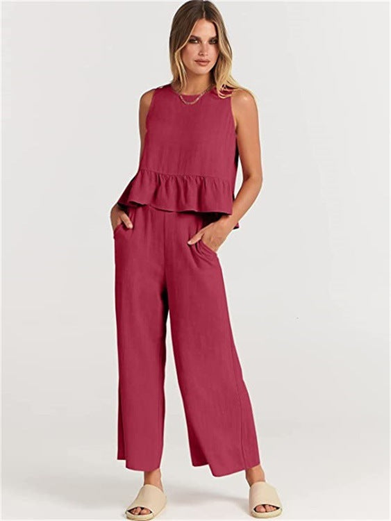 Pleated Vest And Wide-leg Cropped Pants