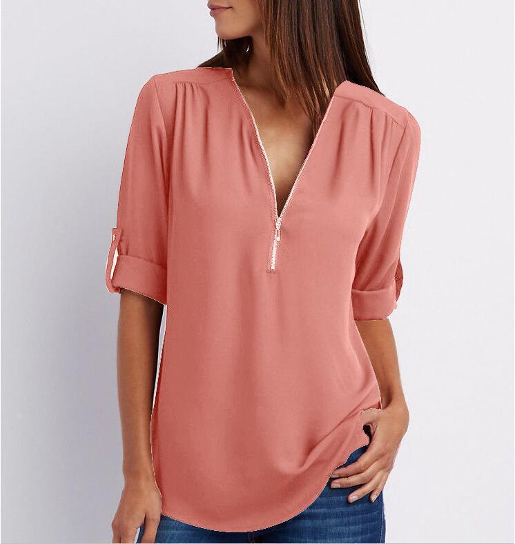 Zip V-Neck Short Sleeve Tops